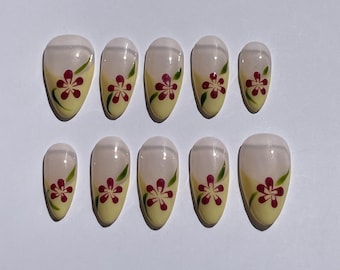 French Flower Hand-Painted Press On Nails