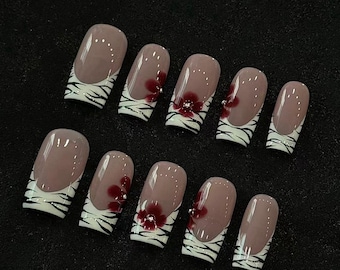 Uñas postizas de flor francesa de cebra: uñas de gel acrílico de imitación hechas a mano
