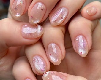 Glitter Cat Eye Star Press On Nails: Handmade Faux Acrylic Gel Nails