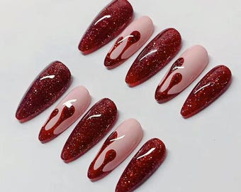 glitter red gothic Press On Nails: Handmade Faux Acrylic Gel Nails