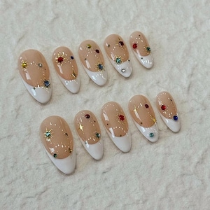 white french star hand painted nails/ custom press on nails/ hand made Press on Nails/Faux Acrylic Nails/ Gel Nails/Press on Nail
