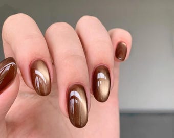 brown cat eye Press On Nails: Handmade custom Gel Nails