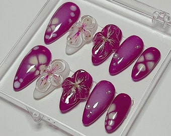 3D Floral Hand-Painted Press On Nails: Custom Gel Nail Art