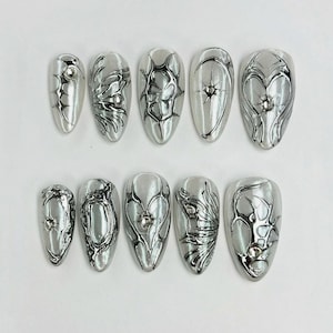 3D Cyber Silver Press On Nails: Handmade Faux Acrylic Gel Nails