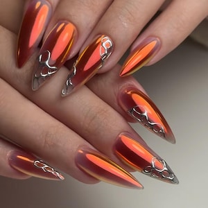 Chrome Flame Press On Nails: Silver 3D Hand Painted Faux Nails