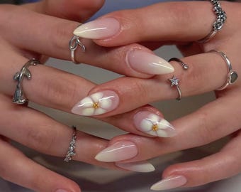 Handmade Ombre Flower Press On Nails: Faux Acrylic Gel Nails