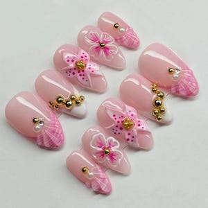 3D Pink Flower Press On Nails: Handmade Faux Acrylic Gel Nails