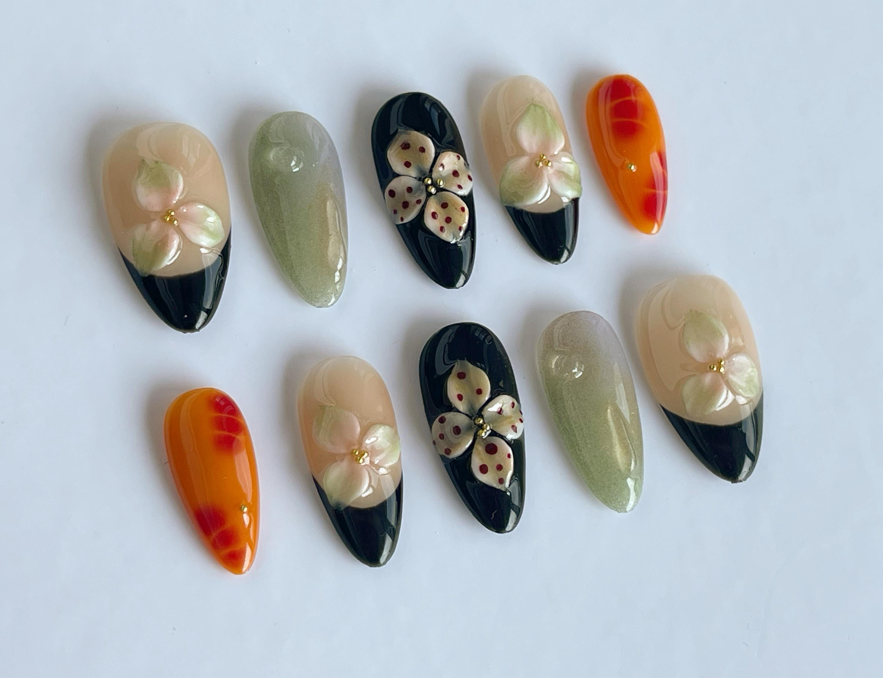 Ombre 3D Flower Press On Nails: Handmade Faux Acrylic Gel Nails