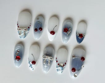 Cherry Bowknot Press On Nails: 3D-Kunstacrylgelnägel