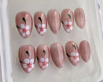 Hand Painted Flower Press On Nails: Pink Cat Eye Gel Nails
