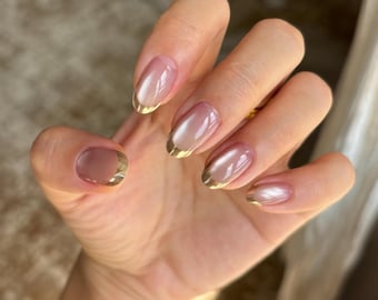chrome French cat eye Press On Nails: Handmade Faux Acrylic Gel Nails