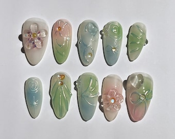 3D Flower Press On Nails: Handmade Faux Acrylic Gel Nails