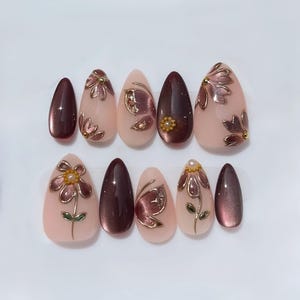 Cat Eye Flower Press On Nails: Handmade Faux Acrylic Gel Nails