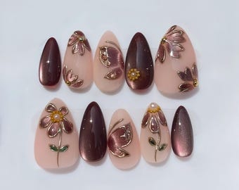 Cat Eye Flower Press On Nails: Handmade Faux Acrylic Gel Nails