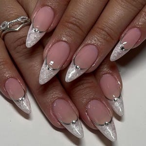 Pearl White French Tip Press On Nails: Handmade Silver Accent False Nails