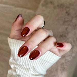 Red Glitter Cat Eye Press On Nails: Handmade Faux Acrylic Gel Nails