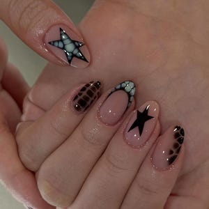 Tortoise Shell French Star Press On Nails: Handmade Faux Acrylic Gel Nails