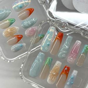 3d colrful flora hand painted nails /custom press on nails/ hand made Press on Nails/Faux Acrylic Nails/ Gel Nails/Press on Nail