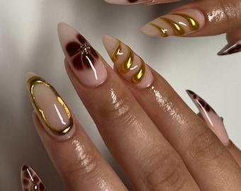 3D Golden Flower Press On Nails: Handmade Faux Acrylic Gel Nails