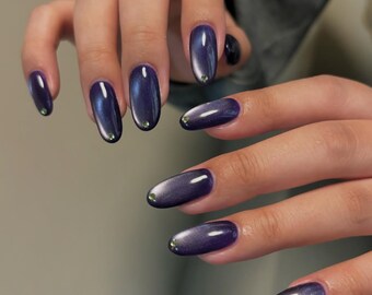 purple blue Cat Eye Glitter Press On Nails: Handmade custom Gel Nails