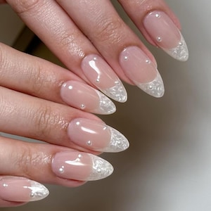 Pearl White French Press On Nails: Handmade Faux Acrylic Gel Nails