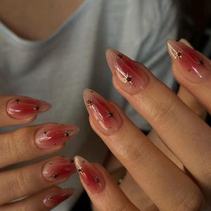 Ombre Red Star Press On Nails: Handmade Faux Acrylic Gel Nails