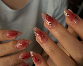 Ombre Red Star Press On Nails: Handmade Faux Acrylic Gel Nails