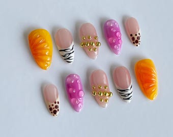 Animal Print French Tip Press On Nails: Handmade Faux Acrylic Gel Nails