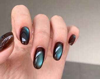Brown Blue Glitter Cat Eye Press On Nails, Handmade