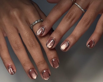 Handmade Chrome Cat Eye Press On Nails: Faux Acrylic Gel Nails