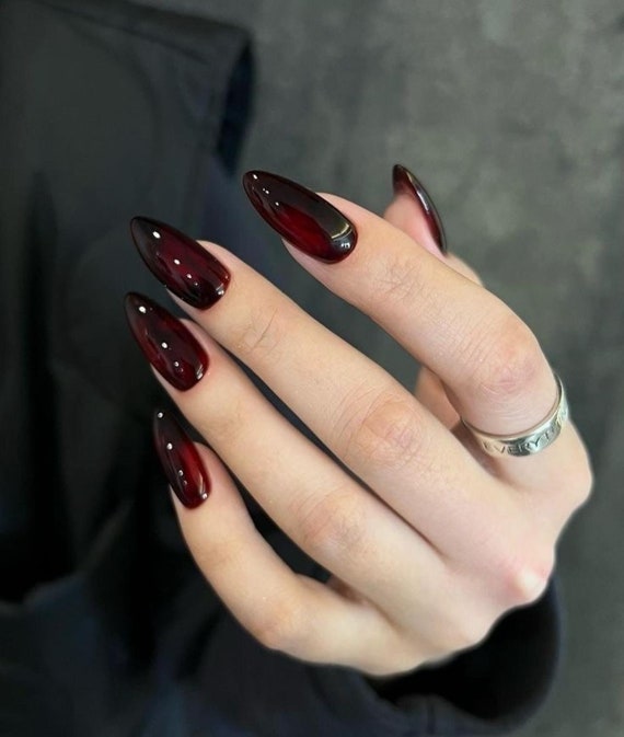 Ombre Black Red Press On Nails: Handmade Faux Acrylic Gel Nails
