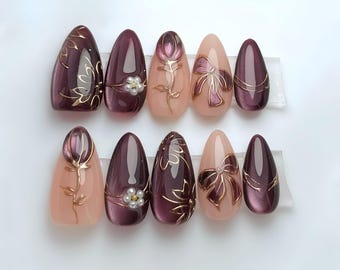 Cat Eye Flower Press On Nails: Handmade Faux Acrylic Gel Nails