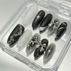 silver black star nails / hand painted nail /custom press on nails/ hand made Press on Nails/Faux Acrylic Nails/ y2k Nail