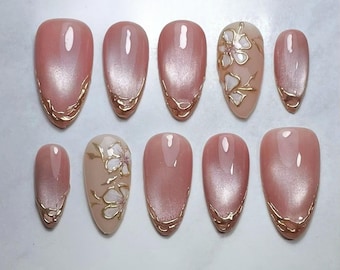 Hand-Painted Flower Cat Eye Press On Nails: Pink Gel Faux Nails