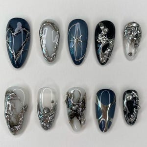 3D Cyber Chrome Butterfly Press On Nails: Handmade Faux Acrylic Gel Nails
