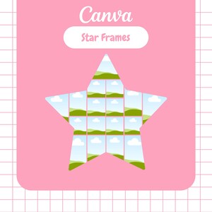 Puede incluir: Un fondo rosa con un patrón de cuadrícula blanca y un marco en forma de estrella. La estrella está llena de imágenes rectangulares más pequeñas de cielos azules, colinas verdes y nubes blancas. El texto "Canva" y "Star Frames" están en la parte superior.