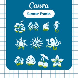 Op de afbeelding: Een blauwe afbeelding met het woord "Canva" en de tekst "Summer Frames". De afbeelding bevat witte en groene illustraties van elementen met een zomerthema, waaronder bloemen, een krab, een zeeschelp, een zeepaardje, zonnen, een octopus, kersen en een blad.