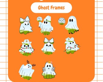 May include: An orange background with the text "Canva Ghost Frames" above several cartoon ghost illustrations. The ghosts are white with green and black accents, some wearing accessories like bows, hats, and flower crowns.