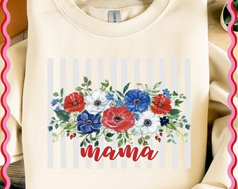 Patriotic Mama PNG, VS 250e verjaardag png, 4 juli 2026, Amerika verjaardag png, rood wit blauwe bloemen, sublimatie shirtontwerp