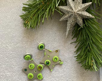 グリーン/シルバー、グリーンクリスタル付きラージスターイヤリング