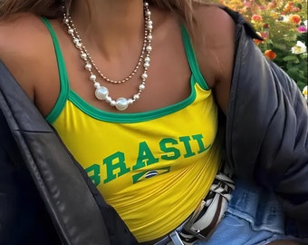Brasil Y2K Crop Top Baby Tee Brazil Flag Blokette Blokecore Aesthetic Tshirt Womens Clothing Cute Cami Vintage Football Jersey Summer