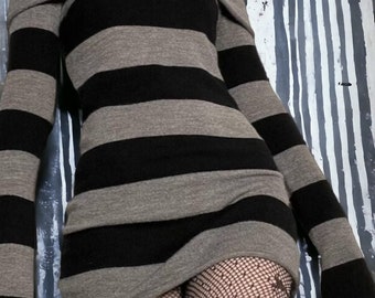 Gothic black striped sweatdress, Pullover off shoulder knitted dress, Dark clothing, Fairy grunge clothing y2k, Statement goth dress