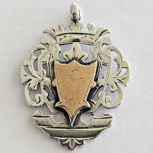 May include: A silver-toned metal pendant featuring an intricate openwork design with a crown at the top and a central, smooth, rose-gold-toned shield-shaped plaque. The pendant has a small loop at the top for attachment and a decorative base.