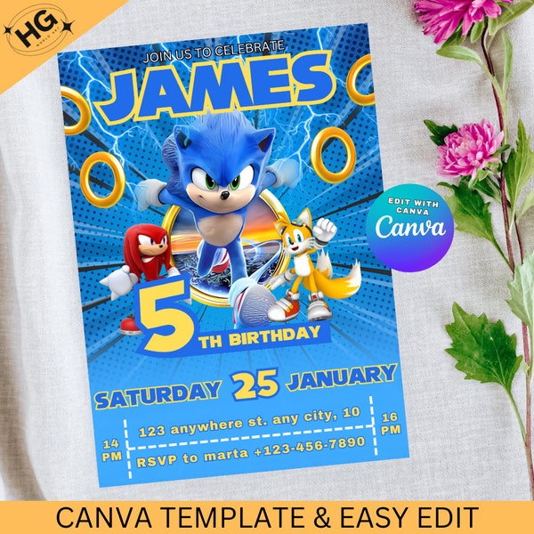 Sonic Birthday Invitation, Super Hedgehog Boys Party Invite, Super Sonic Party Invitation, Editable Sonic Invite Template, Canva Template