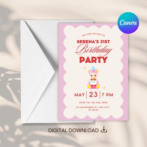 Cartão de convite de aniversário Sonny Angel editável de 5" x 7" - download digital para impressão (modelo Canva)