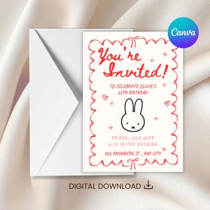 Cartão de convite de aniversário Miffy editável de 5"x7" - download digital para impressão (modelo Canva)