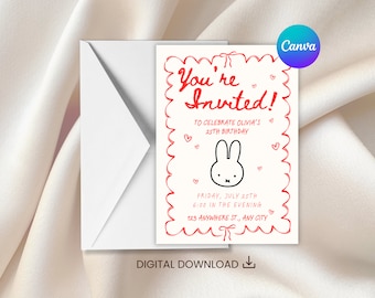Editable 5"x7" Miffy Birthday Invitation Card - Printable Digital Download (Canva Template)
