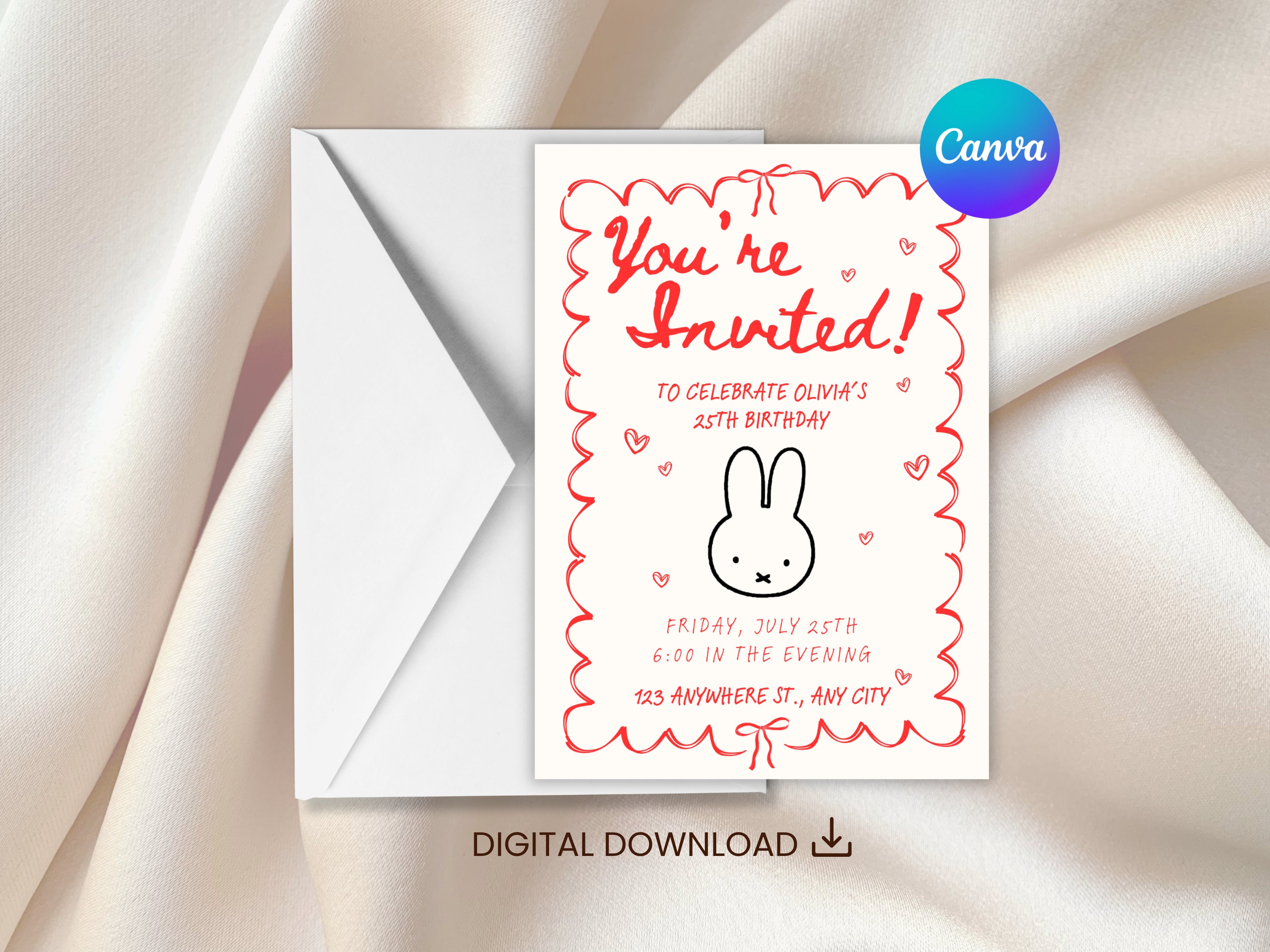 Editable 5x7 Miffy Birthday Invitation Card Printable Digital Download