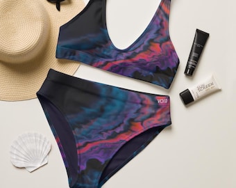 Psychedelic Art High-Waist Bikini Swimsuit Top and Bottom Trippy Paint Rave & Festival Wear