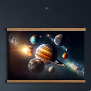 May include: A framed wall art print depicting a vibrant solar system scene with planets, rings, and galaxies. The artwork is displayed in a living room setting with a gray sofa, wooden coffee table, and decorative vase.